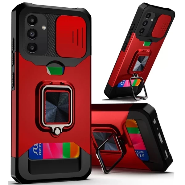 Multi-Functional Card Magnetic Ring Stand Hybrid Camera Case Cover - Red  GALAXY A14 5G