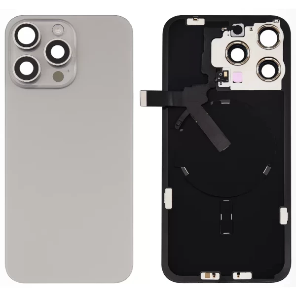 Back Glass With Steel Plate With Wireless NFC Charging MagSafe Magnet & Flashlight Flex Compatible For IPhone 15 PRO (No Logo) - NATURAL TITANIUM