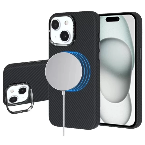 LEATHER CARBON MAGSAFE WITH STAND- BLACK (I2)  IPHONE 15