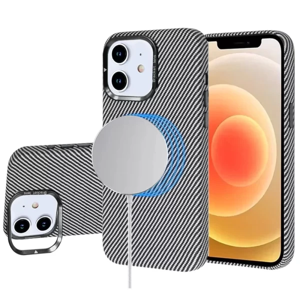 LEATHER CARBON MAGSAFE WITH STAND - SILVER (I10)  IPHONE 12 / 12 PRO