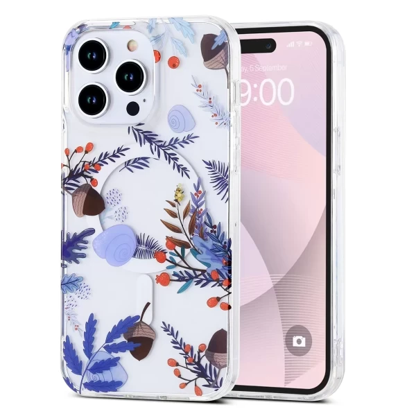 AMUSE MAGSAFE CLEAR - TEAL FLORAL LEAVES (F1)  IPHONE 15 PRO MAX