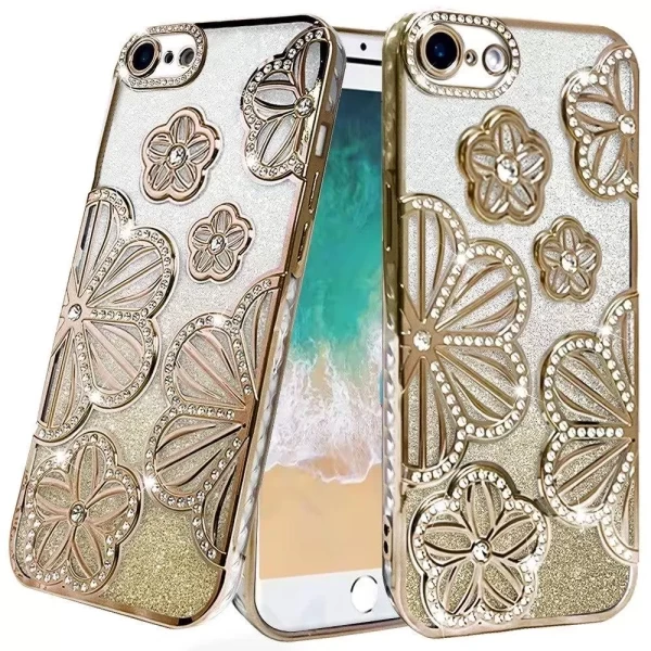 Shimmer Glitter Floral Design Thick TPU Case Cover - Gold  IPHONE 16e (SE 4)